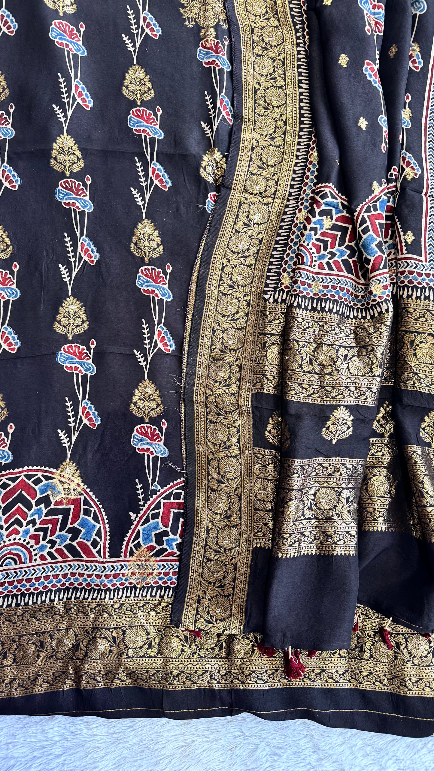 Black Marigold Boota  Pure Dola Silk Ajrakh Hand Block Print 2pc Suit Material Set with Zari Yoke and Nakkashi Dupatta