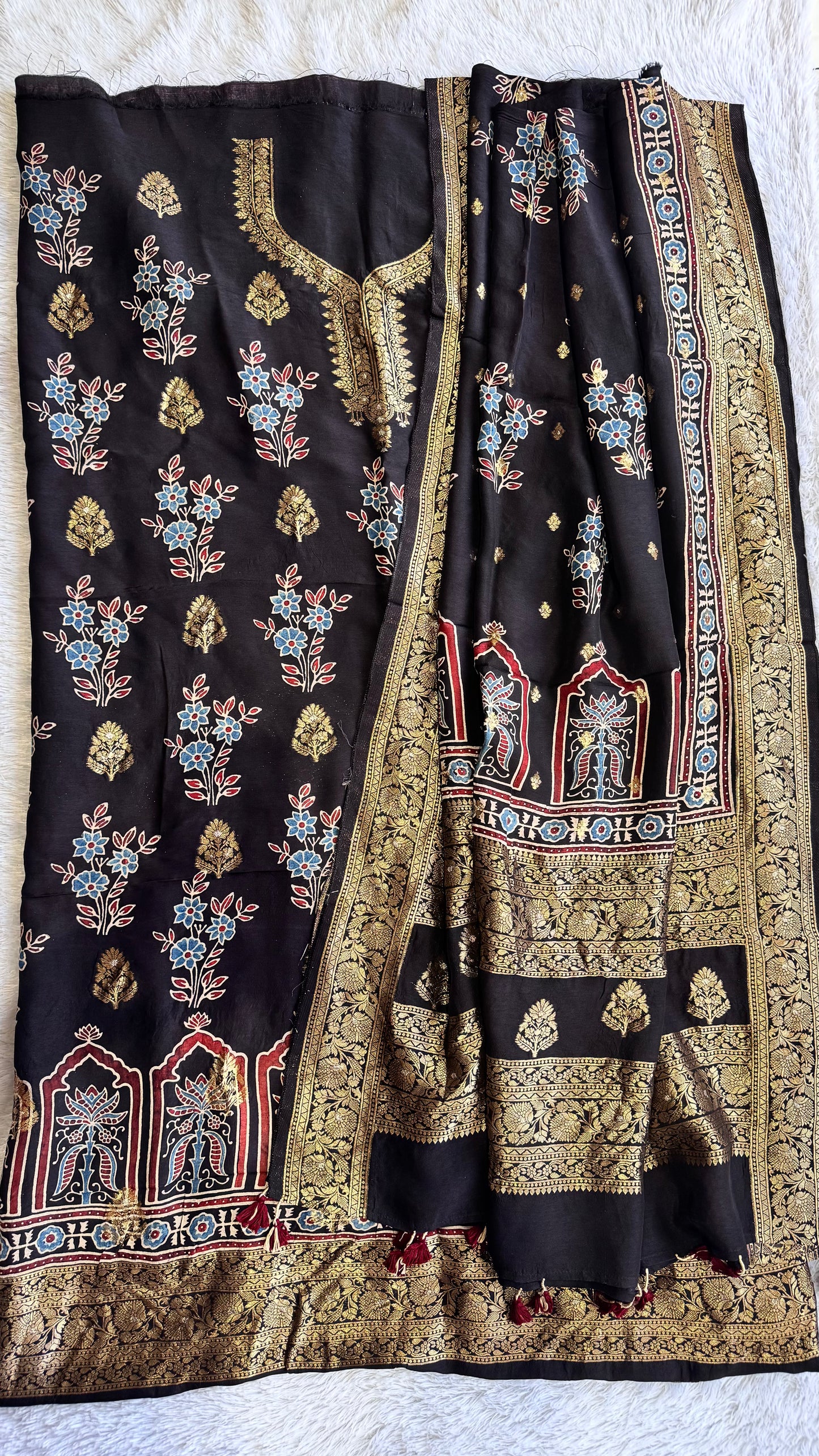 Black Guldasta Motif Pure Dola Silk Ajrakh Hand Block Print 2pc Suit Material Set with Zari Yoke and Nakkashi Dupatta