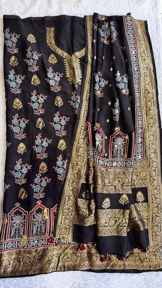 Black Guldasta Motif Pure Dola Silk Ajrakh Hand Block Print 2pc Suit Material Set with Zari Yoke and Nakkashi Dupatta