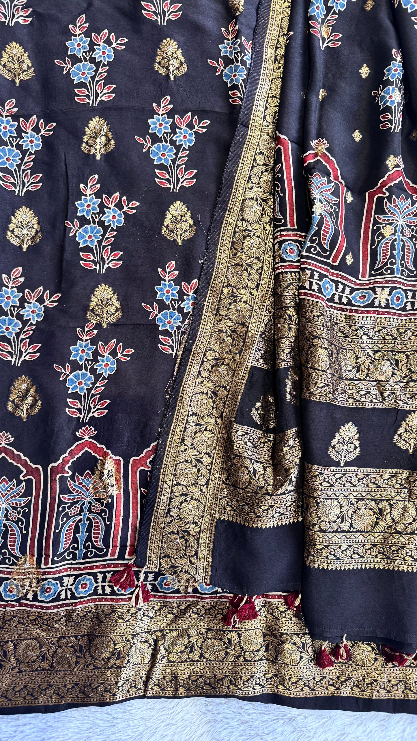 Black Guldasta Motif Pure Dola Silk Ajrakh Hand Block Print 2pc Suit Material Set with Zari Yoke and Nakkashi Dupatta