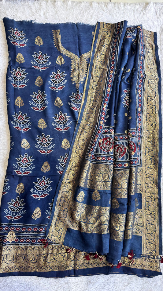 Blue Flower Motif Pure Dola Silk Ajrakh Hand Block Print 2pc Suit Material Set with Zari Yoke and Nakkashi Dupatta