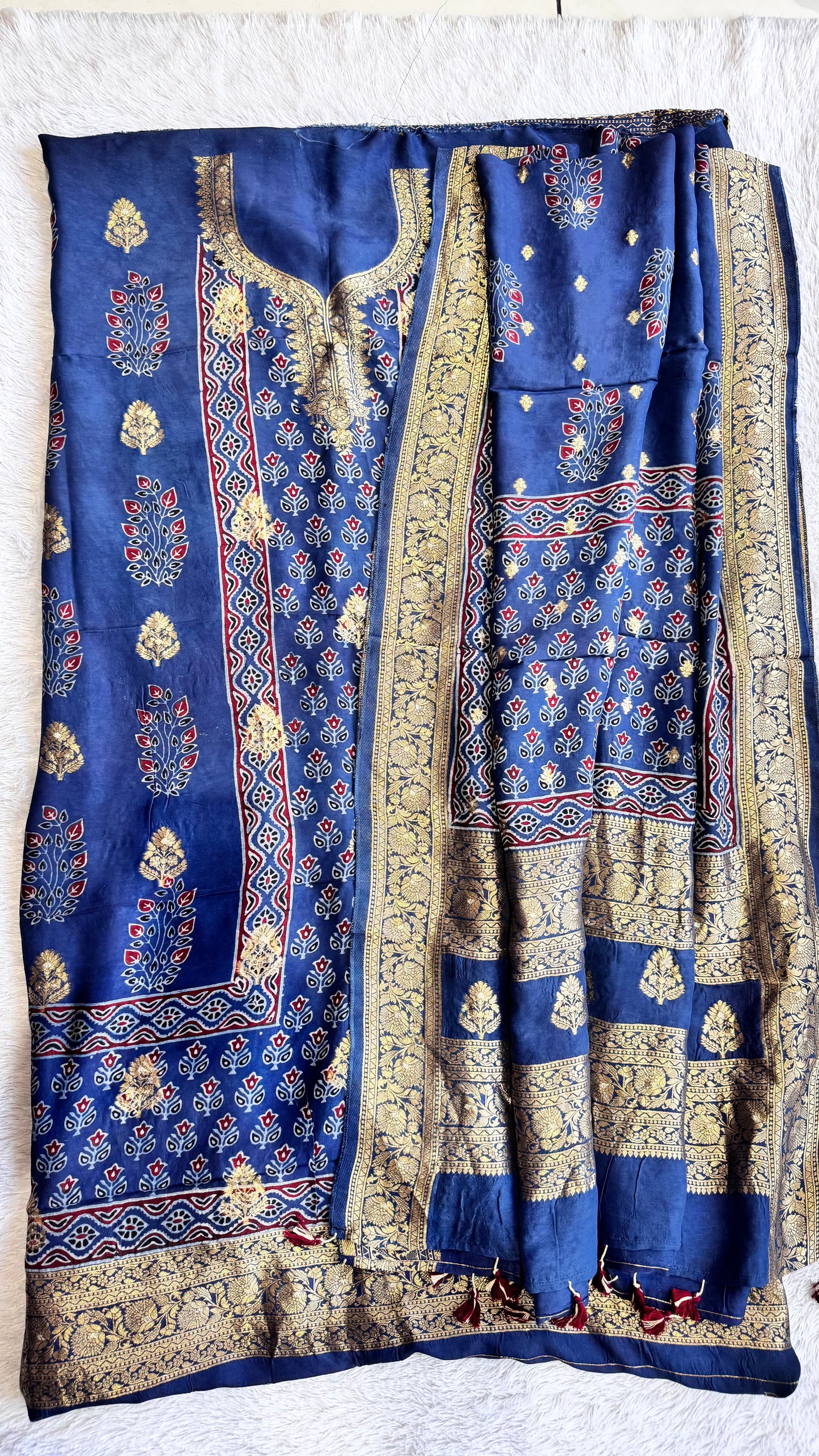 Blue Mugal Buta Motif Pure Dola Silk Ajrakh Hand Block Print 2pc Suit Material Set with Zari Yoke and Nakkashi Dupatta