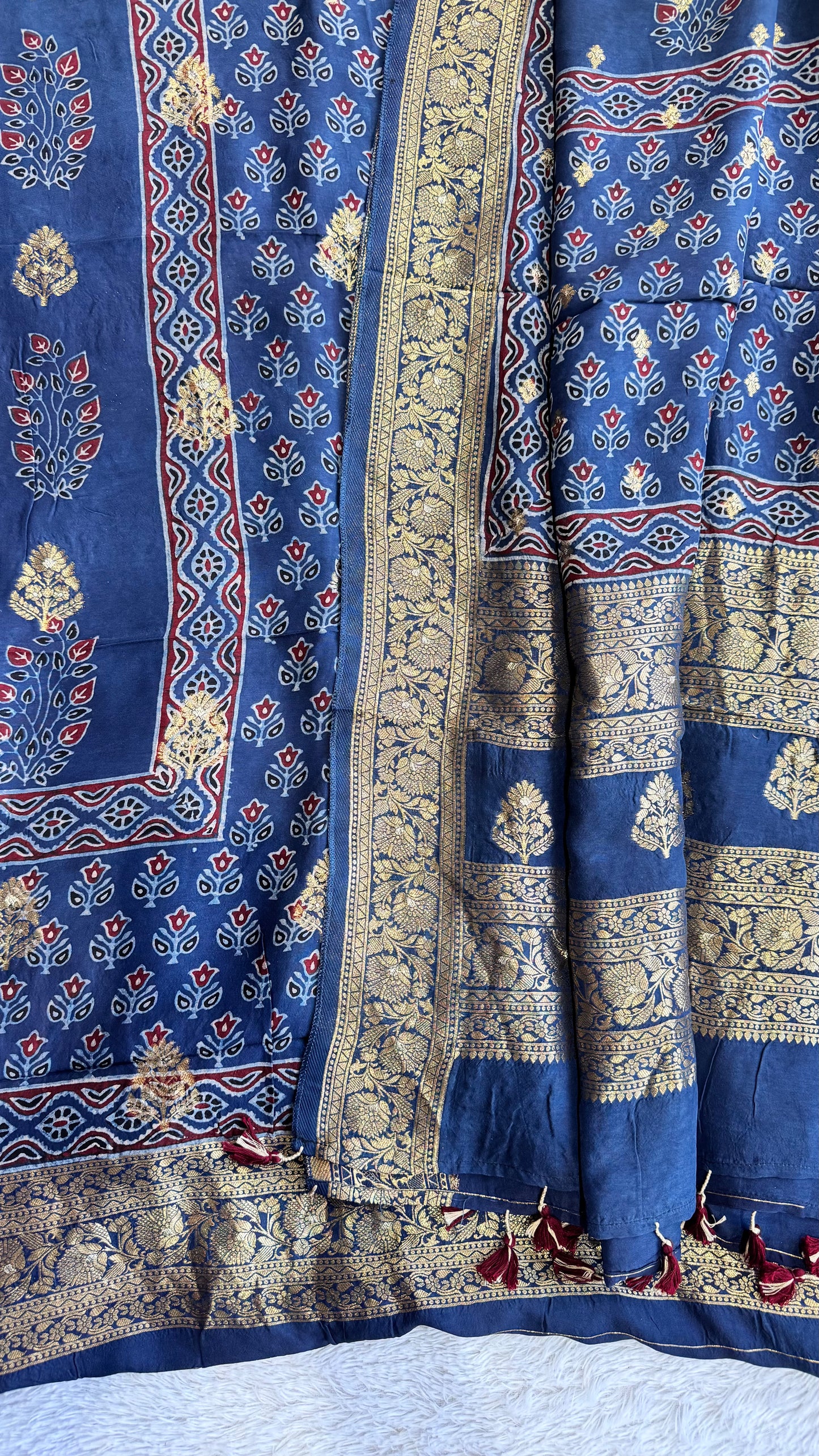 Blue Mugal Buta Motif Pure Dola Silk Ajrakh Hand Block Print 2pc Suit Material Set with Zari Yoke and Nakkashi Dupatta