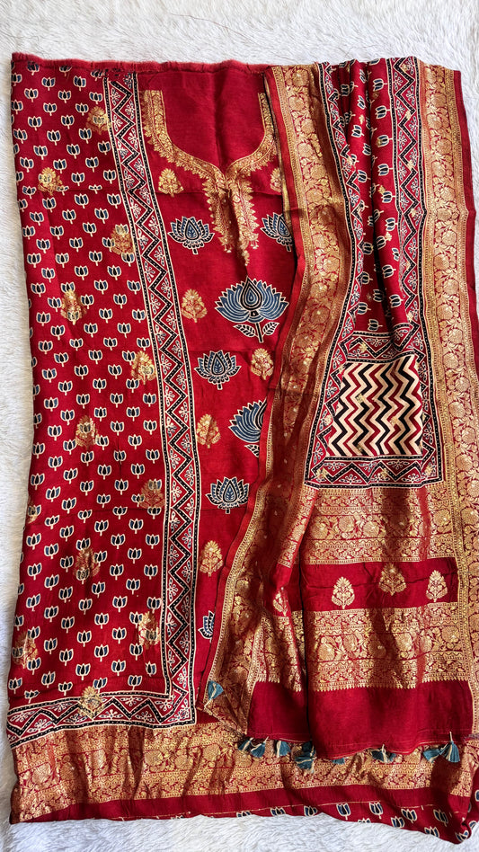 Red Kamal Buta Motif Pure Dola Silk Ajrakh Hand Block Print 2pc Suit Material Set with Zari Yoke and Nakkashi Dupatta