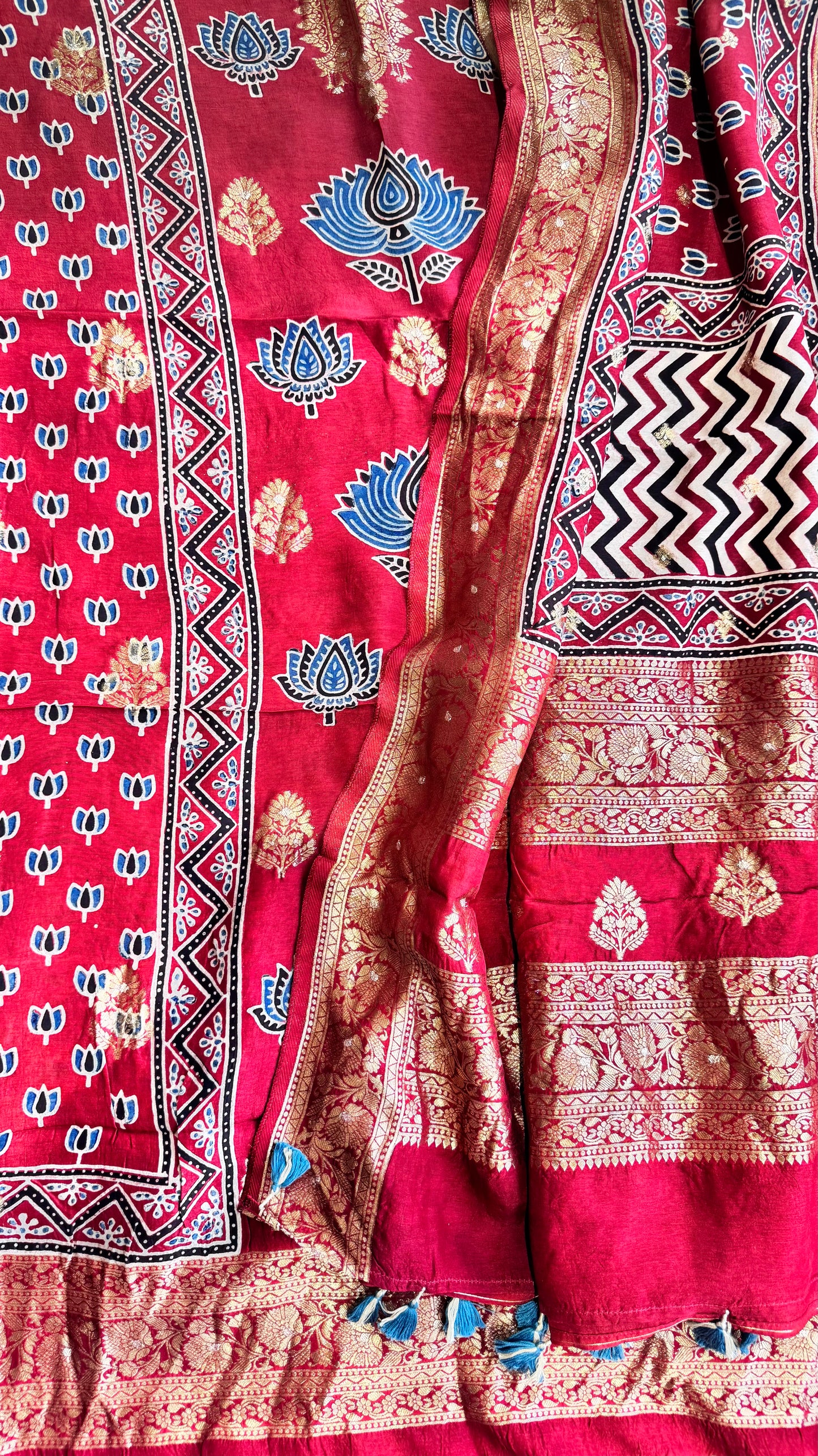 Red Kamal Buta Motif Pure Dola Silk Ajrakh Hand Block Print 2pc Suit Material Set with Zari Yoke and Nakkashi Dupatta