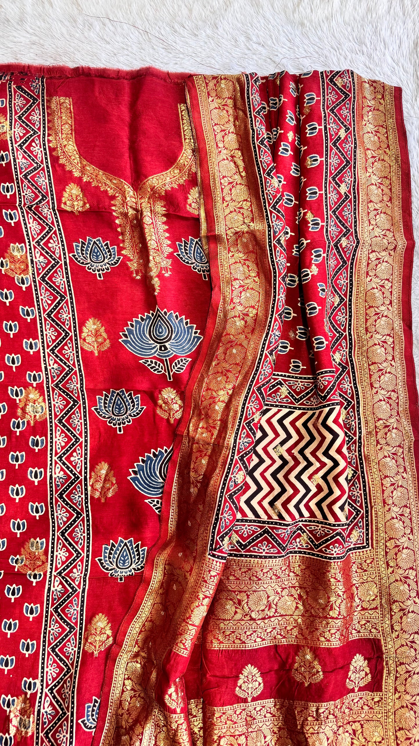 Red Kamal Buta Motif Pure Dola Silk Ajrakh Hand Block Print 2pc Suit Material Set with Zari Yoke and Nakkashi Dupatta