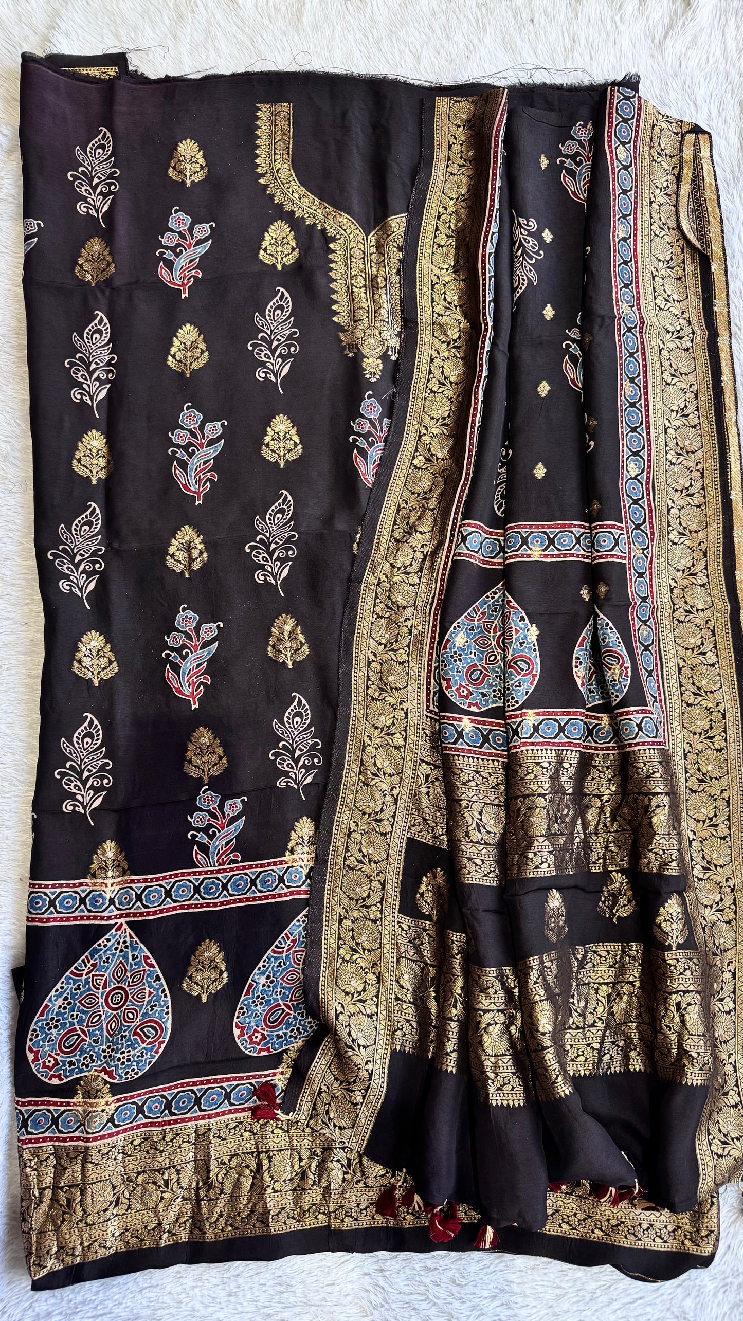 Black Pushp Buta Motif Pure Dola Silk Ajrakh Hand Block Print 2pc Suit Material Set with Zari Yoke and Nakkashi Dupatta