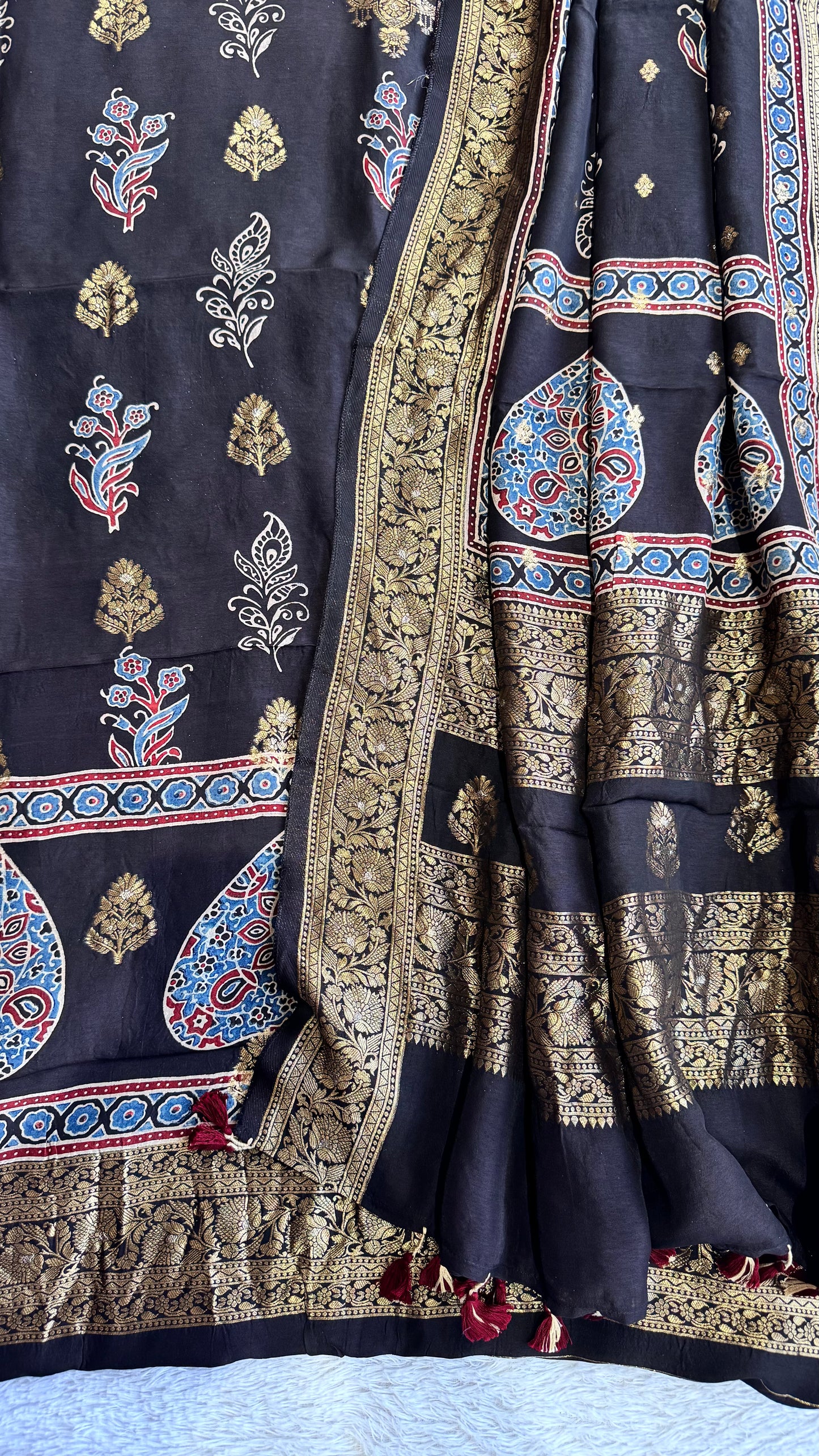 Black Pushp Buta Motif Pure Dola Silk Ajrakh Hand Block Print 2pc Suit Material Set with Zari Yoke and Nakkashi Dupatta