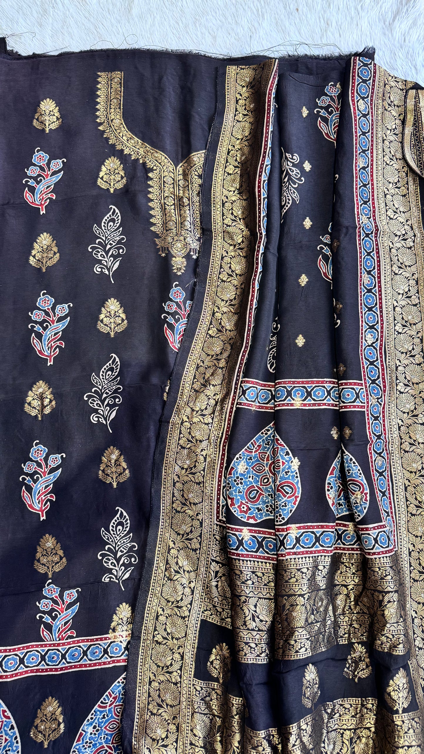 Black Pushp Buta Motif Pure Dola Silk Ajrakh Hand Block Print 2pc Suit Material Set with Zari Yoke and Nakkashi Dupatta