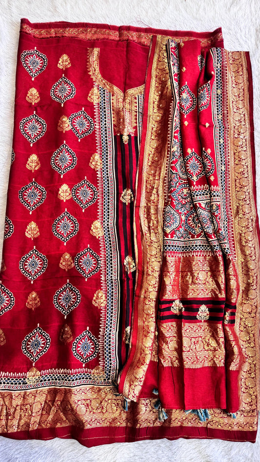 Red Badam Buta Motif Pure Dola Silk Ajrakh Hand Block Print 2pc Suit Material Set with Zari Yoke and Nakkashi Dupatta