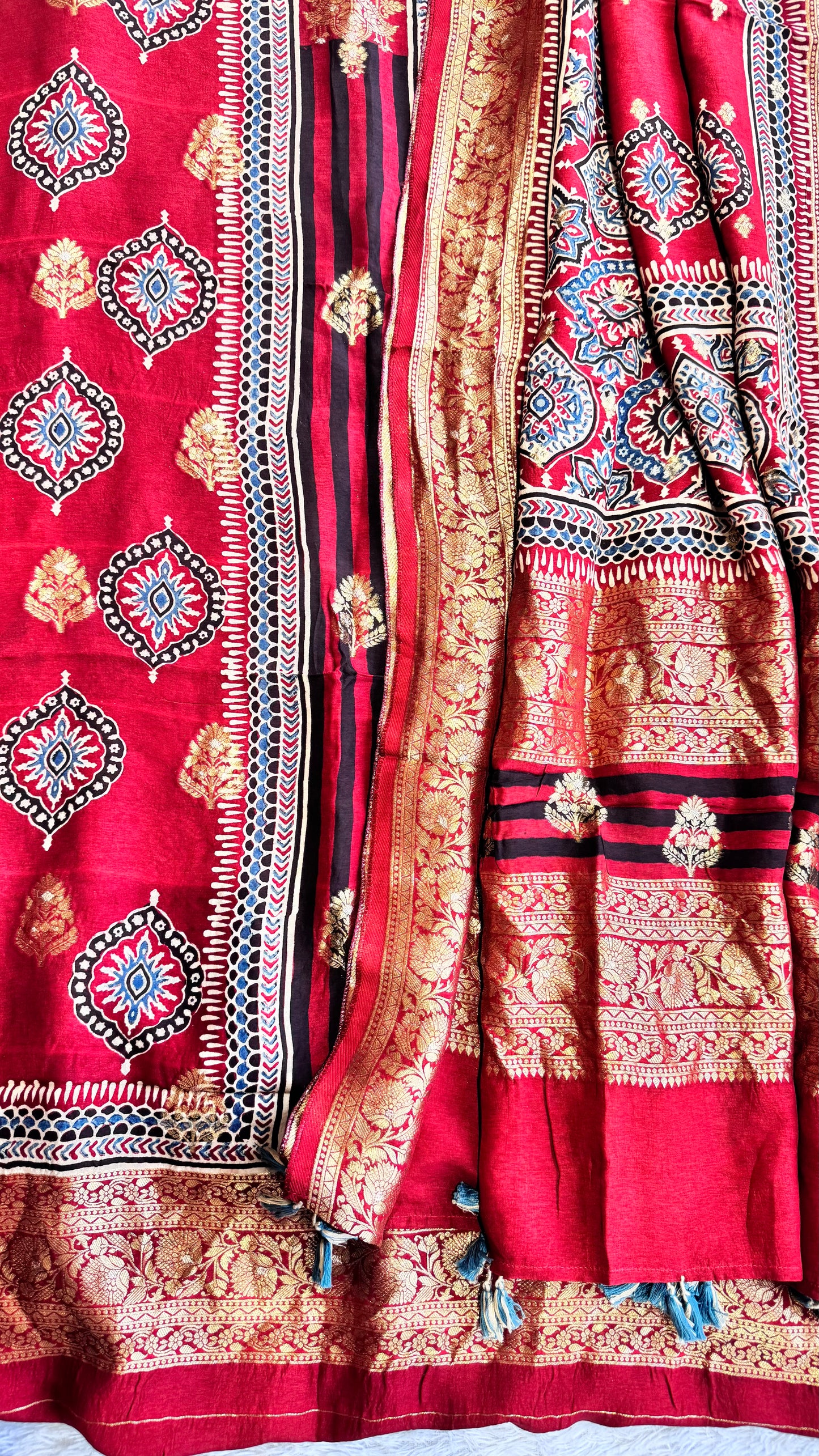 Red Badam Buta Motif Pure Dola Silk Ajrakh Hand Block Print 2pc Suit Material Set with Zari Yoke and Nakkashi Dupatta