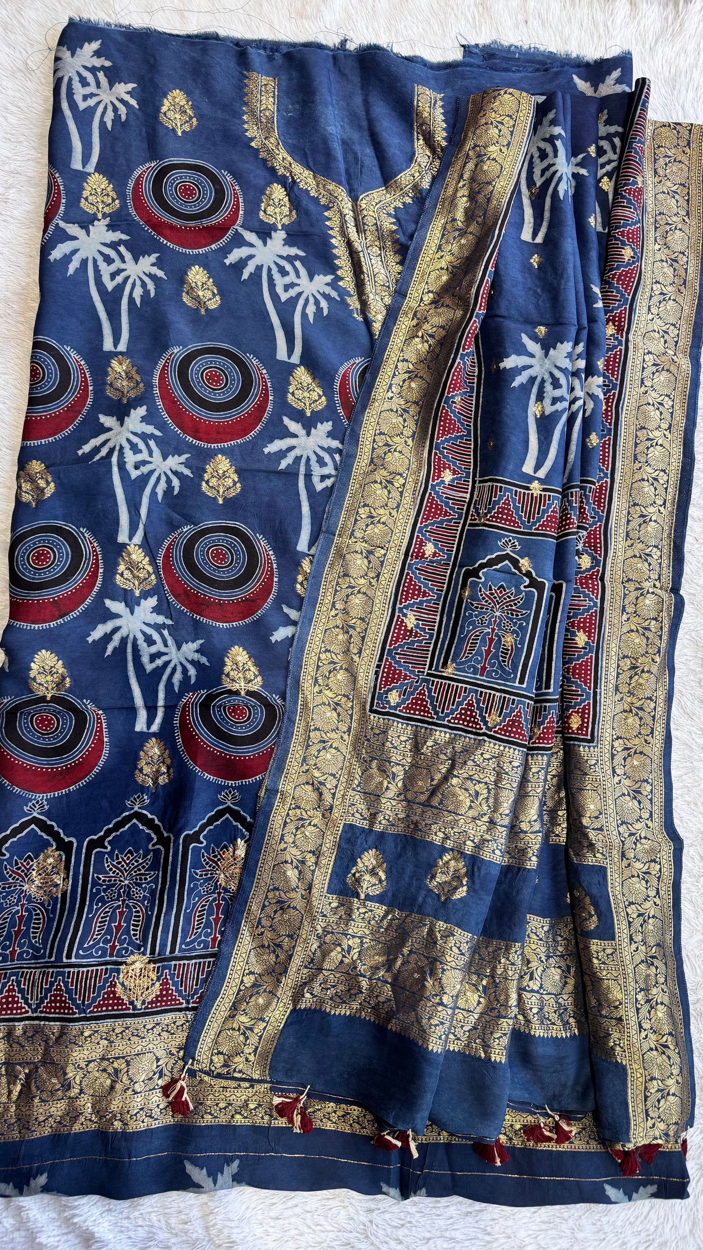 Blue Palm Circle Motif Pure Dola Silk Ajrakh Hand Block Print 2pc Suit Material Set with Zari Yoke and Nakkashi Dupatta