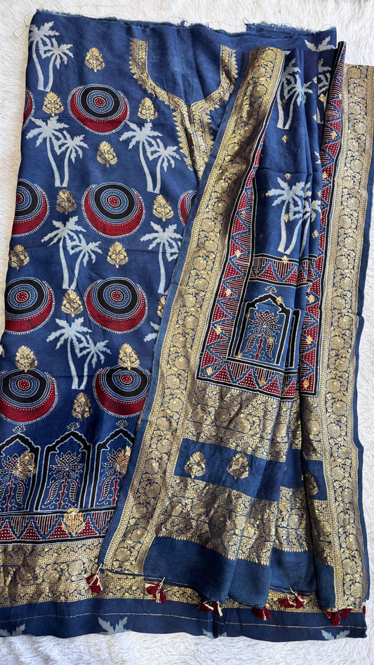 Blue Palm Circle Motif Pure Dola Silk Ajrakh Hand Block Print 2pc Suit Material Set with Zari Yoke and Nakkashi Dupatta