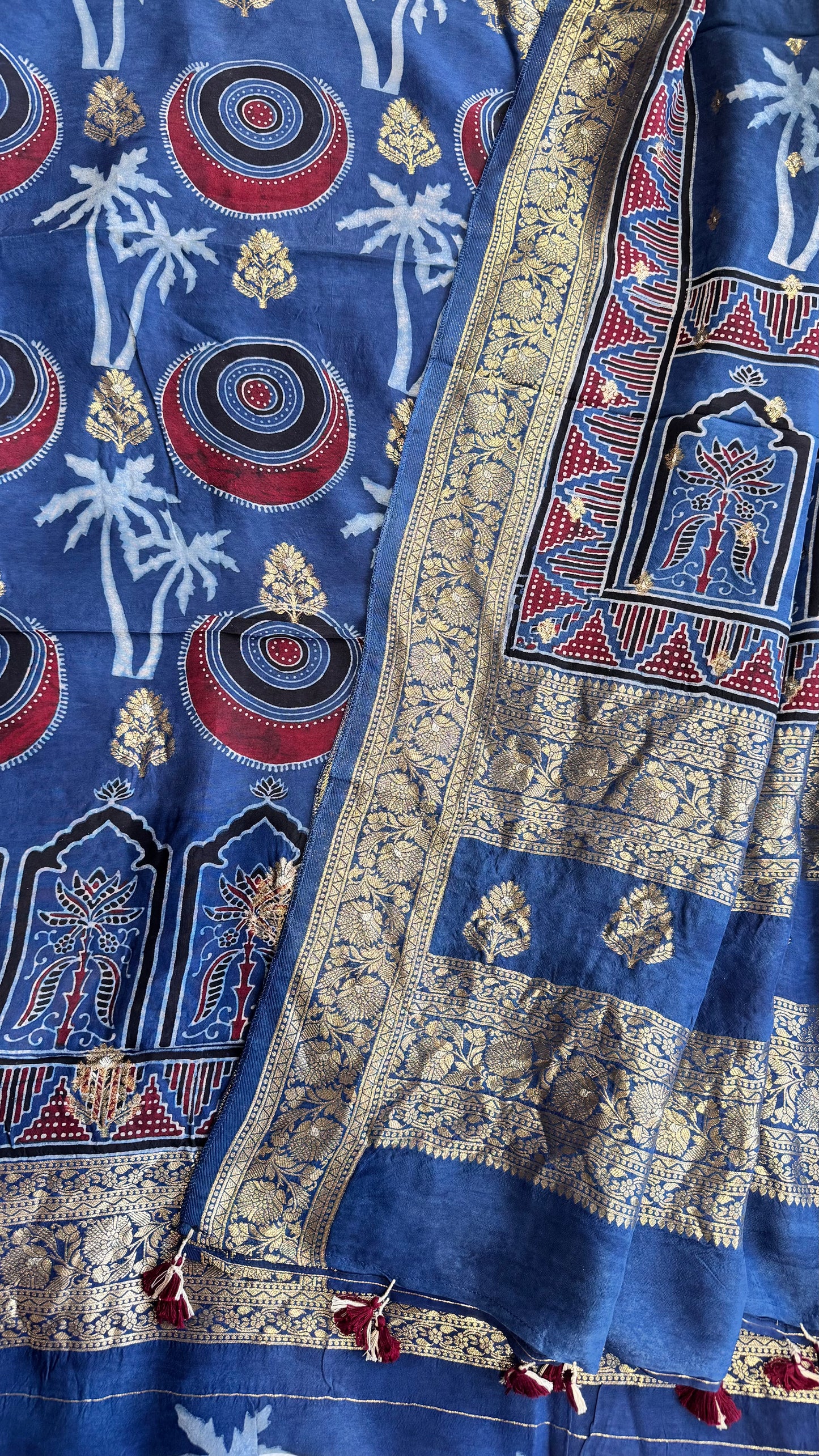 Blue Palm Circle Motif Pure Dola Silk Ajrakh Hand Block Print 2pc Suit Material Set with Zari Yoke and Nakkashi Dupatta