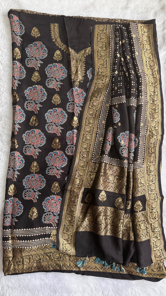 Black Mugal Buta Motif Pure Dola Silk Ajrakh Hand Block Print 2pc Suit Material Set with Zari Yoke and Nakkashi Dupatta