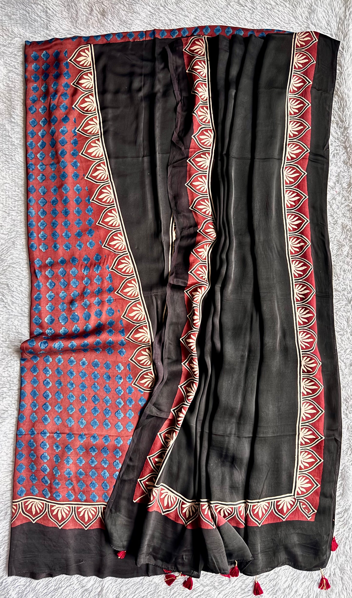 Blue flower Black Modal Silk Ajrakh Hand Block 2 pc Suit Set with Modal Silk Dupatta