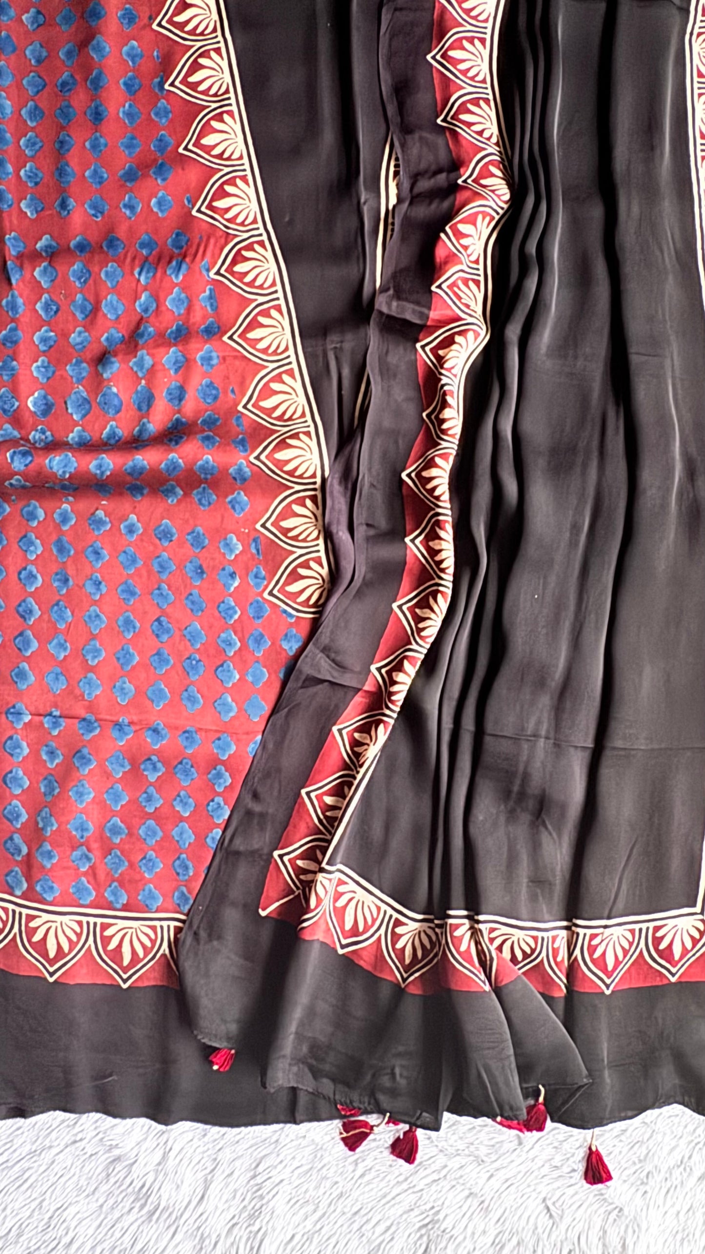 Blue flower Black Modal Silk Ajrakh Hand Block 2 pc Suit Set with Modal Silk Dupatta