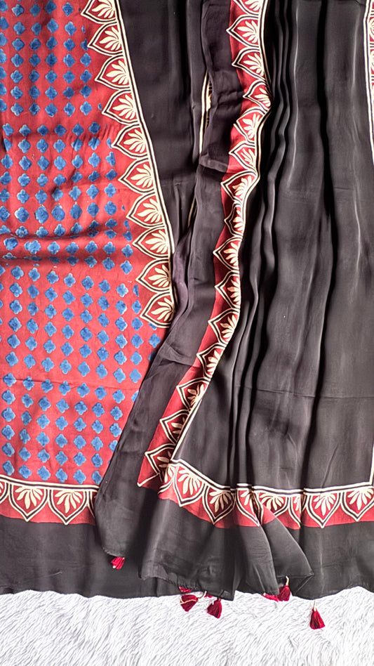 Blue flower Black Modal Silk Ajrakh Hand Block 2 pc Suit Set with Modal Silk Dupatta