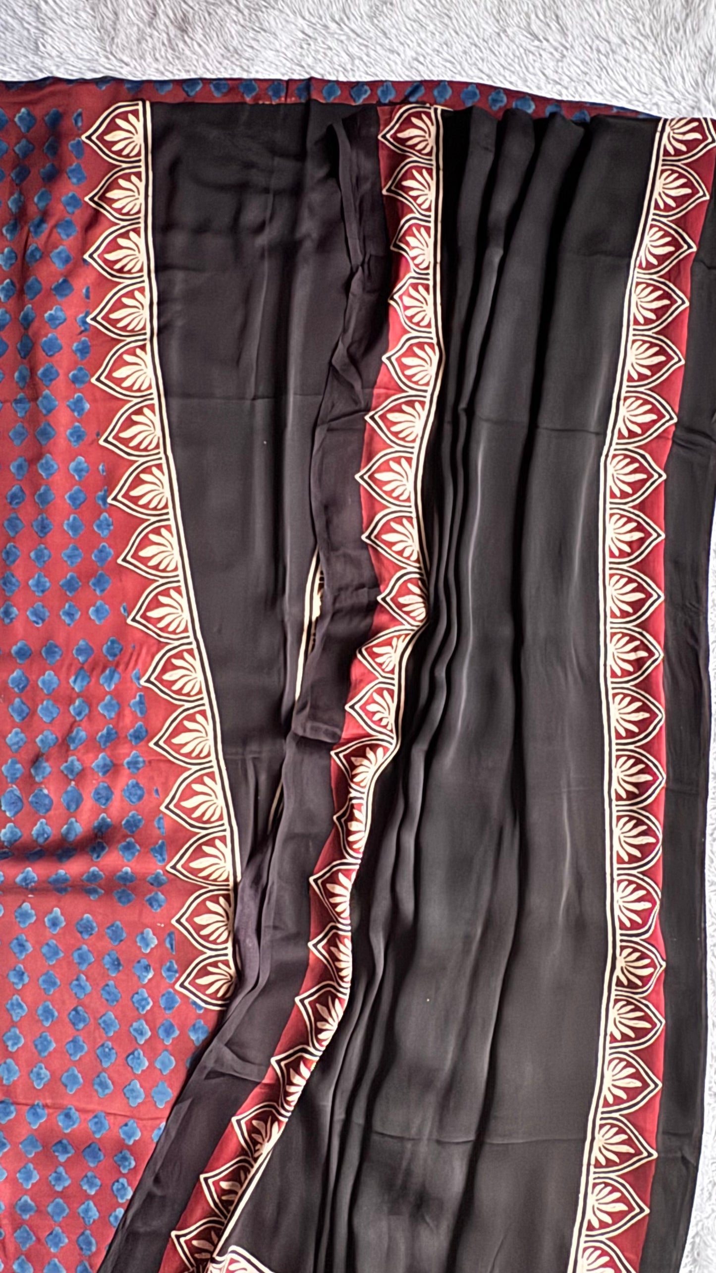 Blue flower Black Modal Silk Ajrakh Hand Block 2 pc Suit Set with Modal Silk Dupatta