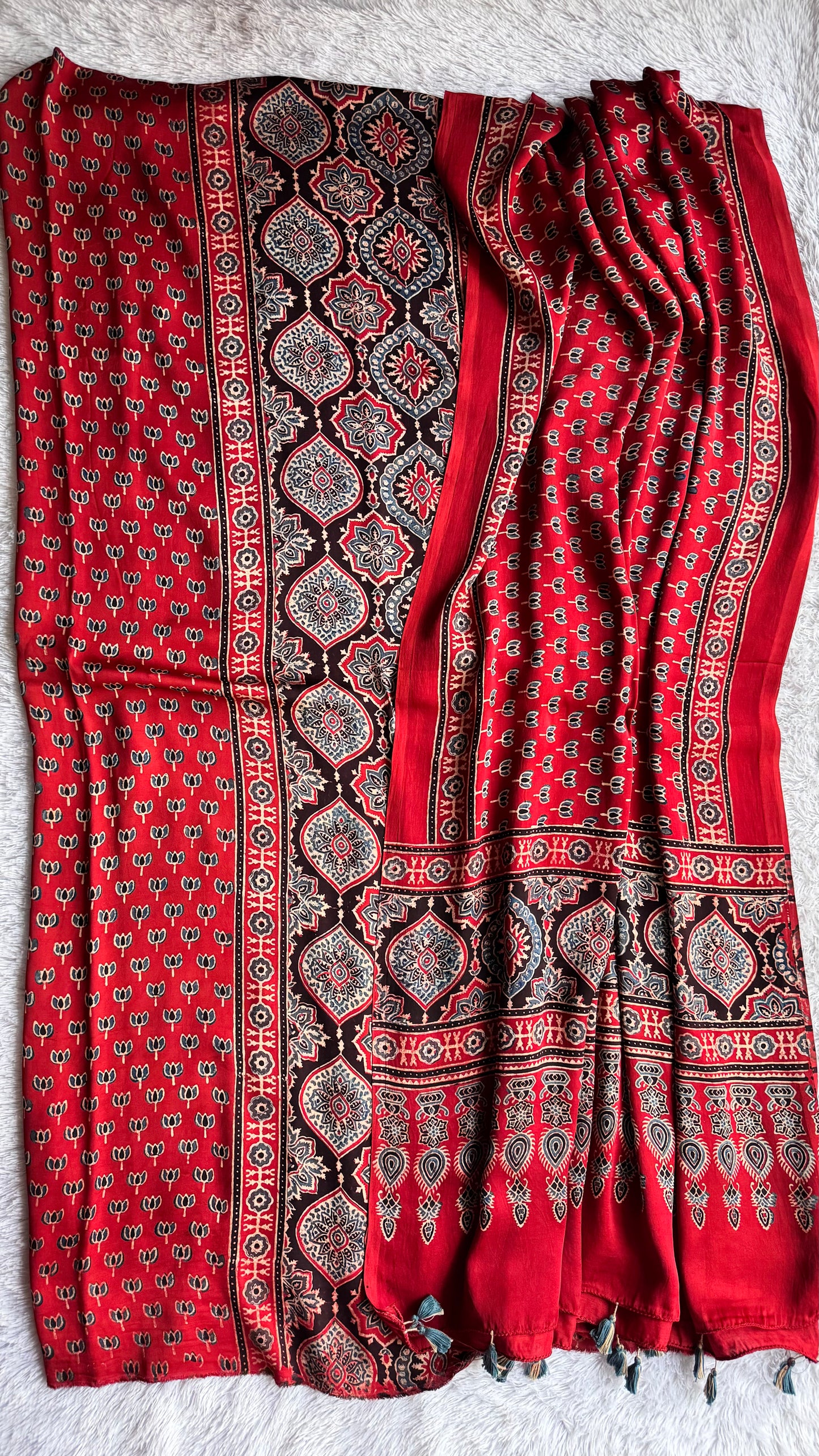 Red Badam and Kamalbuti Modal Silk Ajrakh Hand Block 2 pc Suit Set with Modal Silk Dupatta
