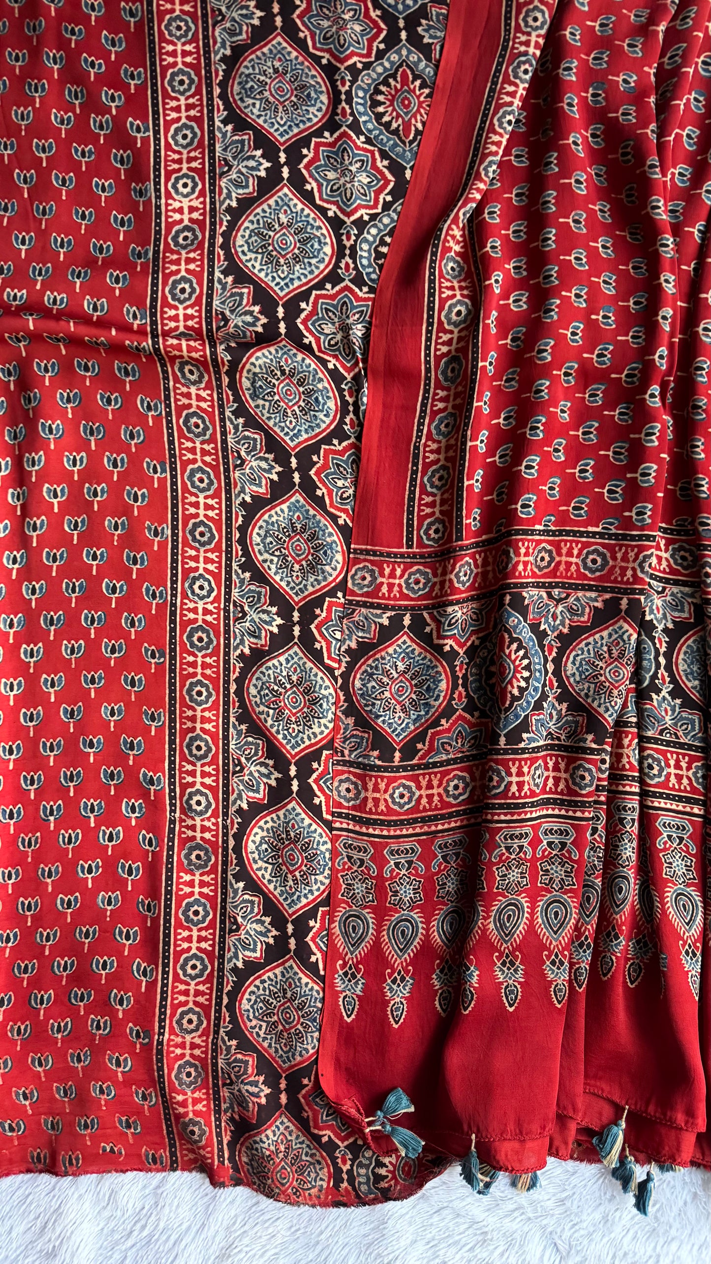 Red Badam and Kamalbuti Modal Silk Ajrakh Hand Block 2 pc Suit Set with Modal Silk Dupatta