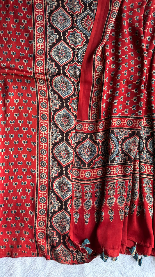 Red Badam and Kamalbuti Modal Silk Ajrakh Hand Block 2 pc Suit Set with Modal Silk Dupatta