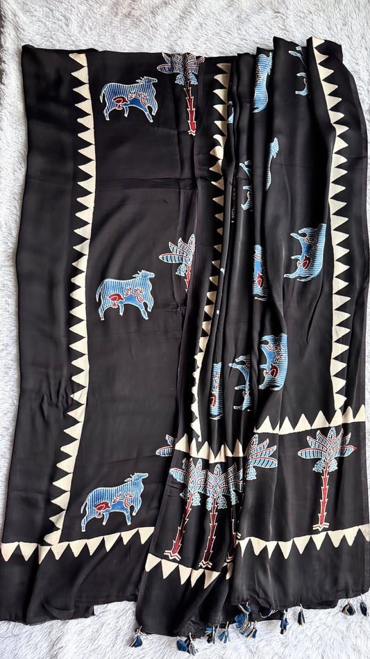 Black Kaamdhenu Modal Silk Ajrakh Hand Block 2 pc Suit Set with Modal Silk Dupatta