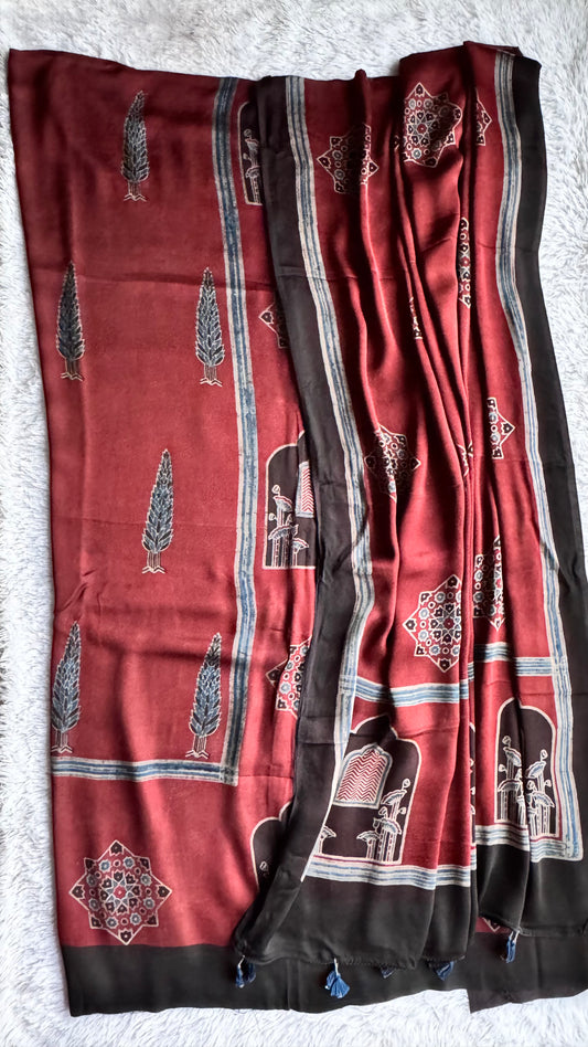 Caramel Jarokha Modal Silk Ajrakh Hand Block 2 pc Suit Set with Modal Silk Dupatta