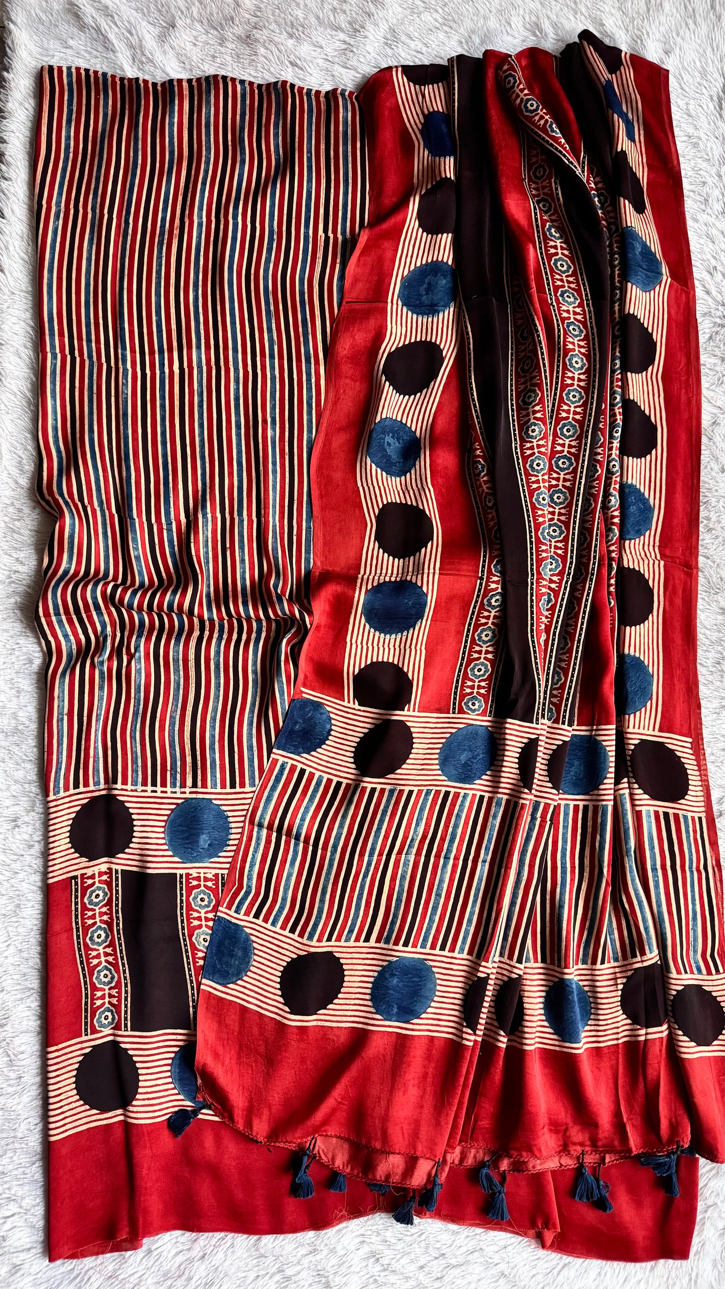 Red Dhari Circle Shade Modal Silk Ajrakh Hand Block 2 pc Suit Set with Modal Silk Dupatta