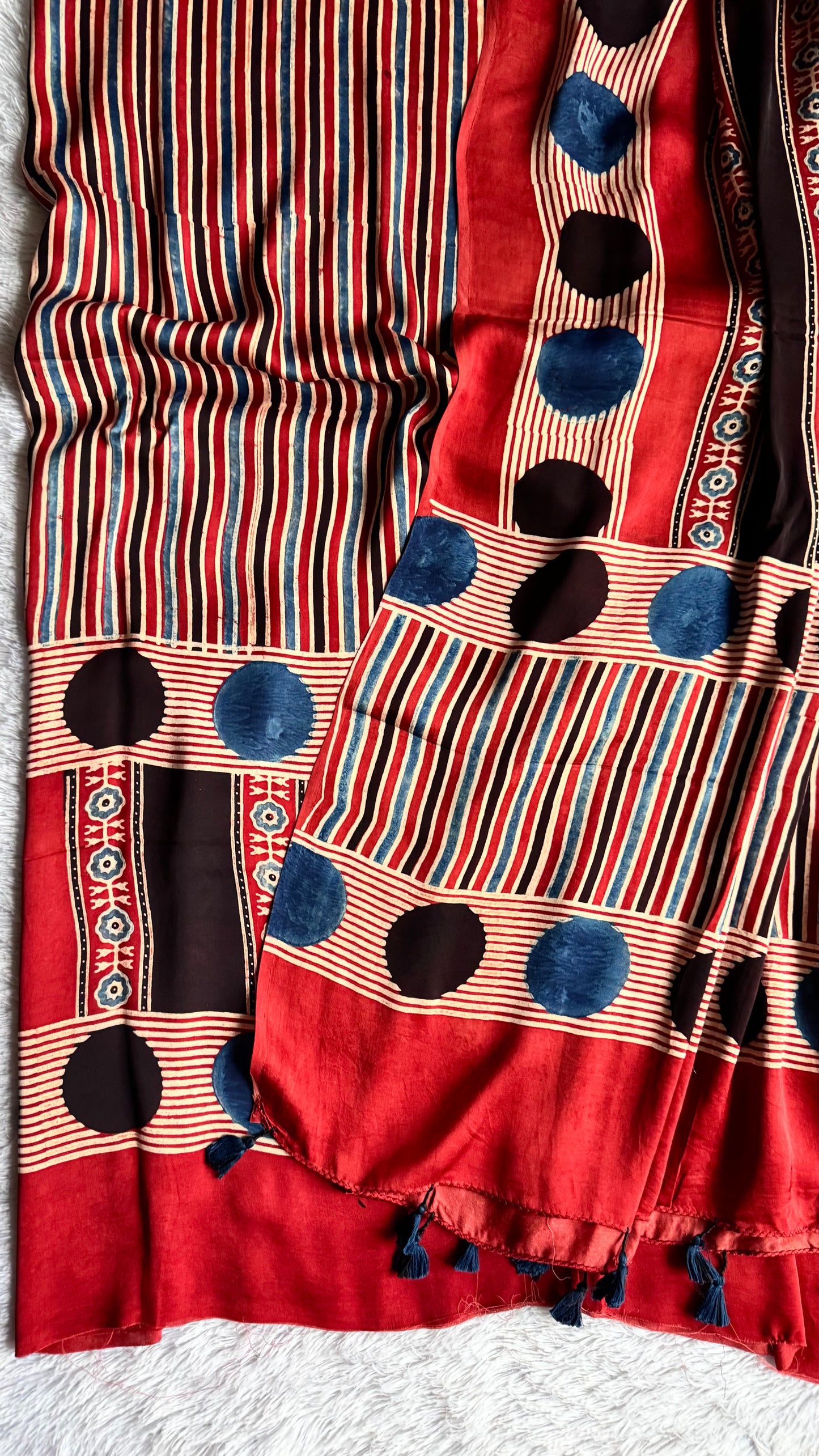 Red Dhari Circle Shade Modal Silk Ajrakh Hand Block 2 pc Suit Set with Modal Silk Dupatta