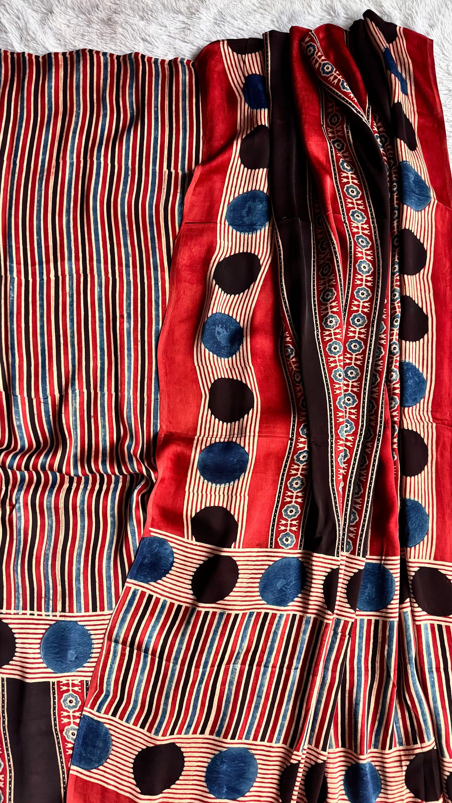 Red Dhari Circle Shade Modal Silk Ajrakh Hand Block 2 pc Suit Set with Modal Silk Dupatta