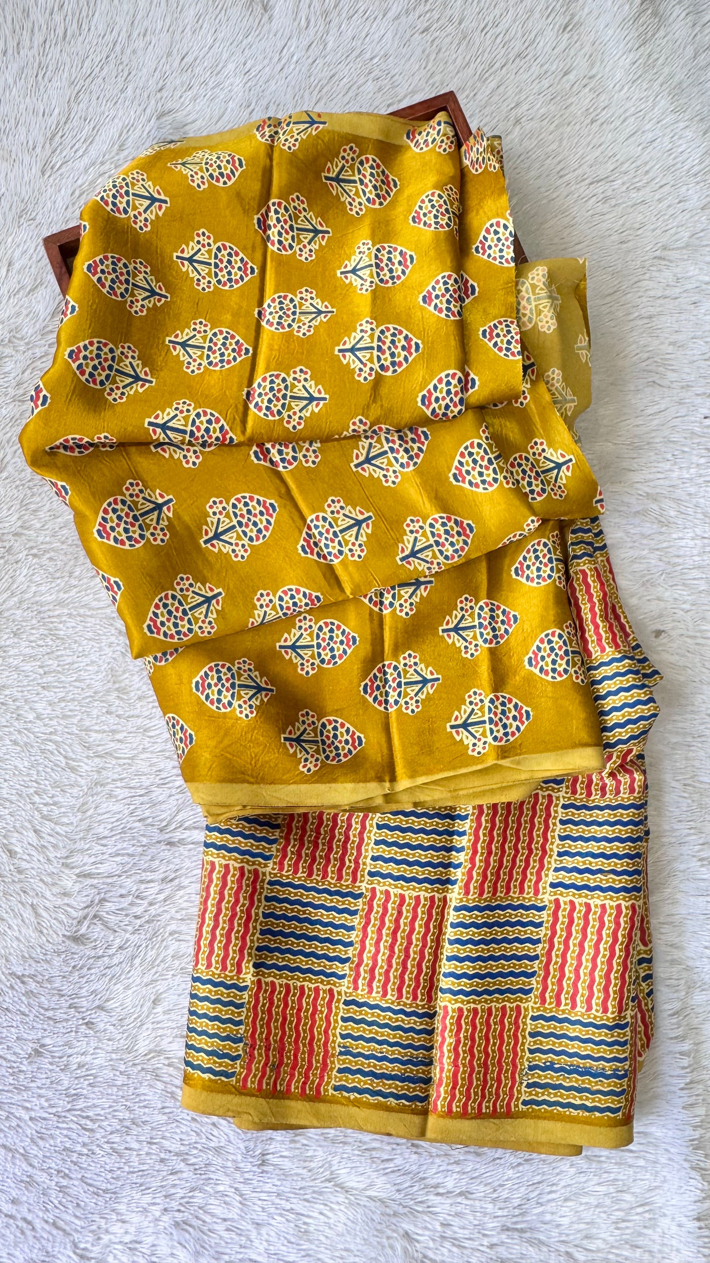 Yellow Floral Buta Motif Ajrakh Mashru Silk Kurta Pant Fabric