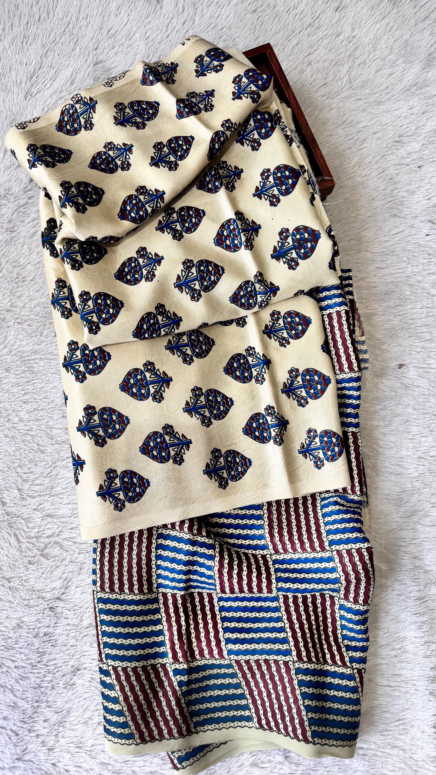 Offwhite Floral Buta Motif Ajrakh Mashru Silk Kurta Pant Fabric