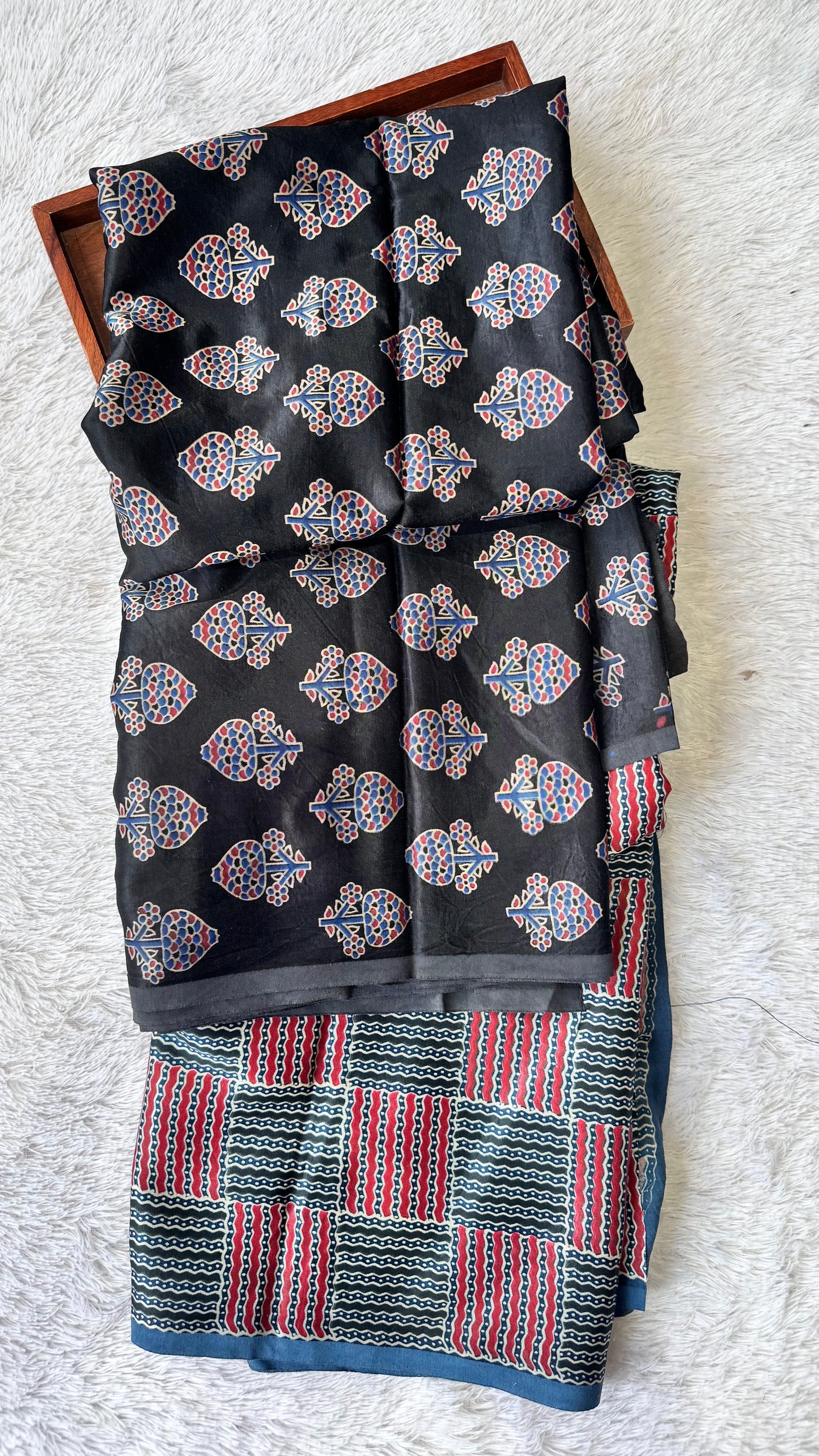 Black Floral Buta Motif Ajrakh Mashru Silk Kurta Pant Fabric
