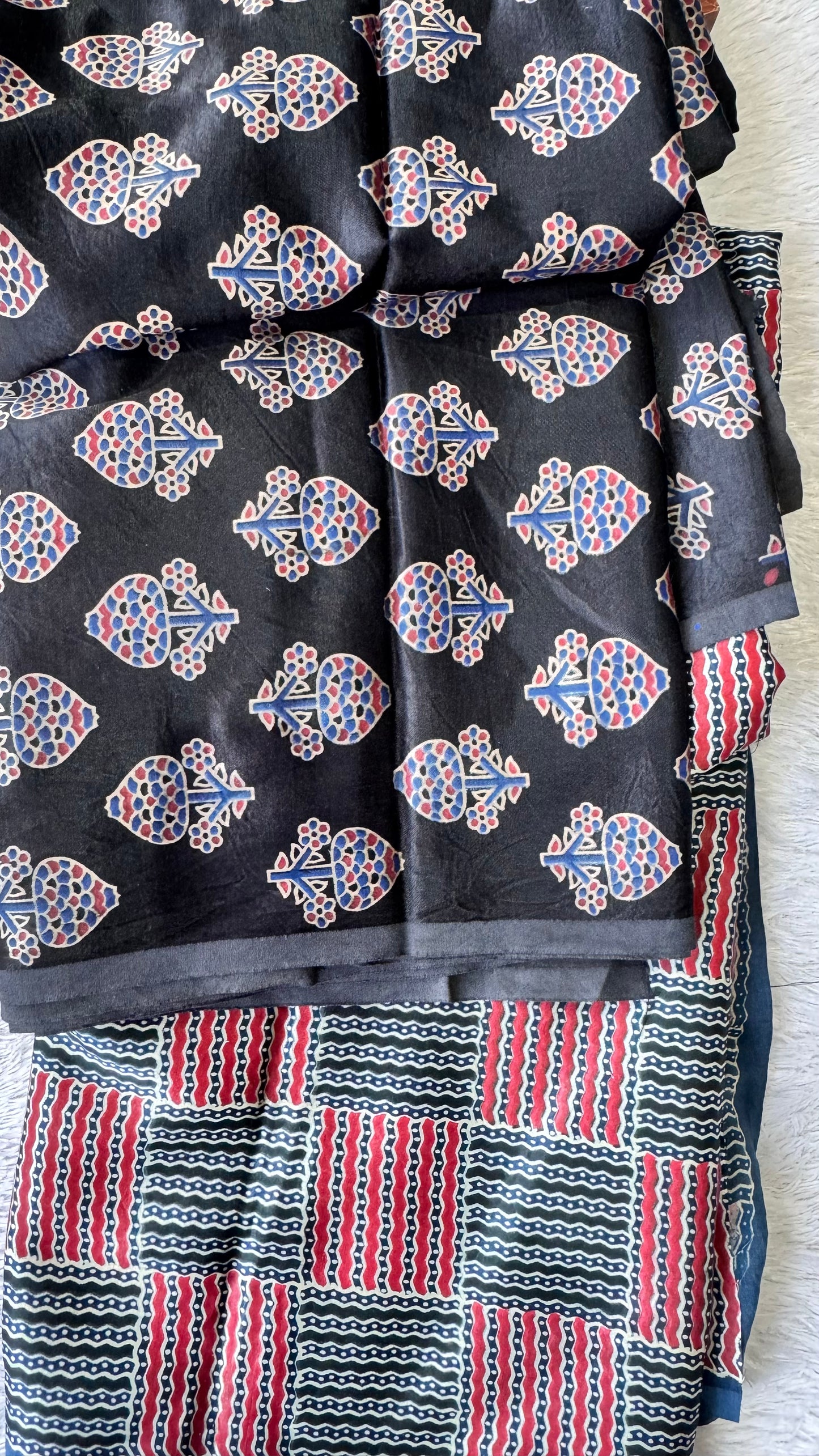Black Floral Buta Motif Ajrakh Mashru Silk Kurta Pant Fabric