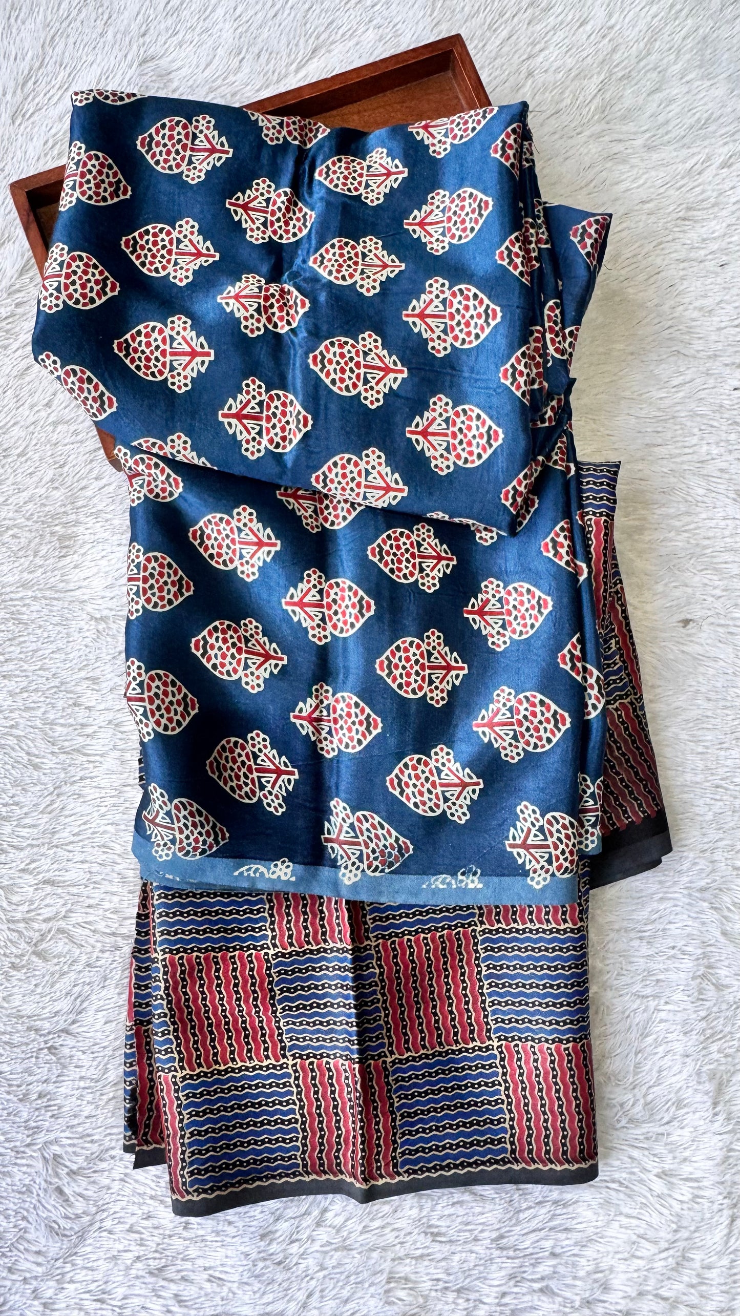 Blue Floral Buta Motif Ajrakh Mashru Silk Kurta Pant Fabric