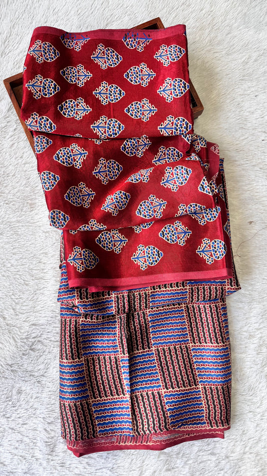 Red Floral Buta Motif Ajrakh Mashru Silk Kurta Pant Fabric
