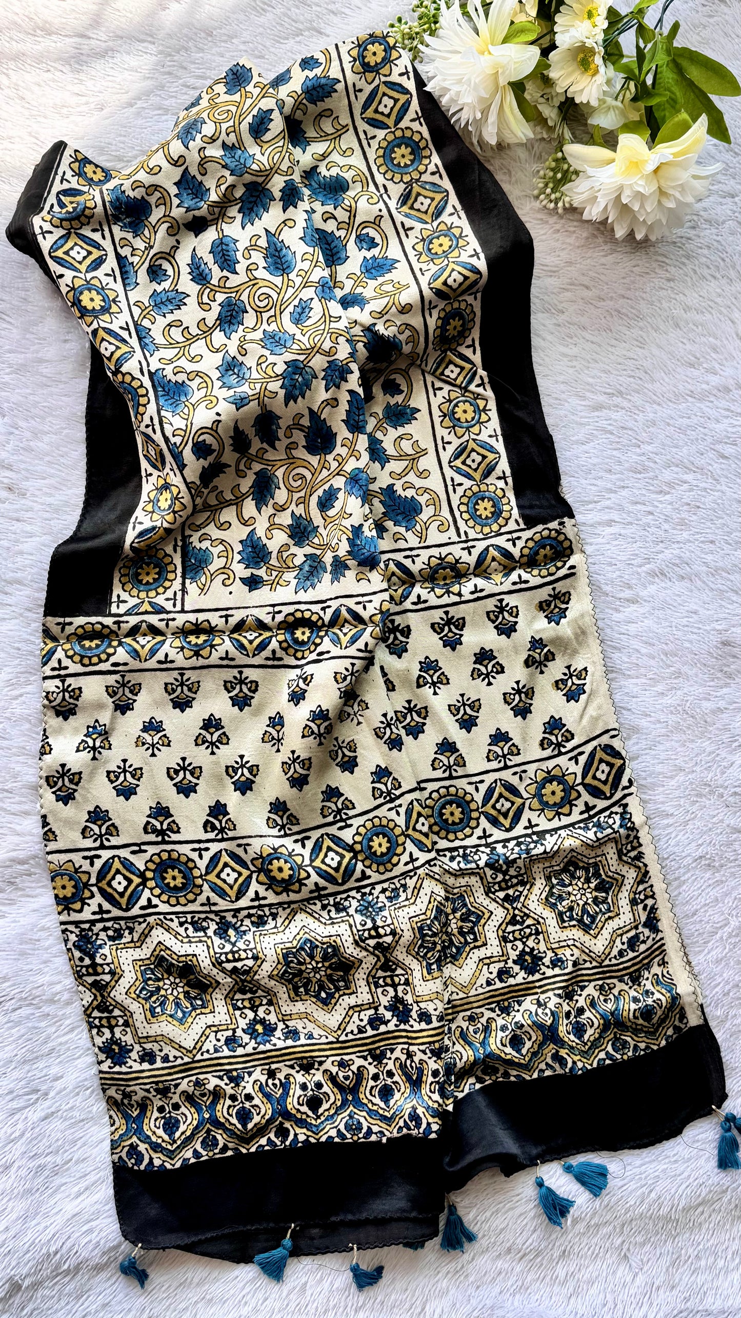 Offwhite Shade Blue Leaf Motif Ajrakh Hand Block Print Mashru Silk Stole with Tassels