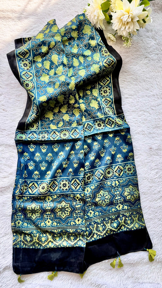 Blue Shade Yellow Leaf Motif Ajrakh Hand Block Print Mashru Silk Stole with Tassels