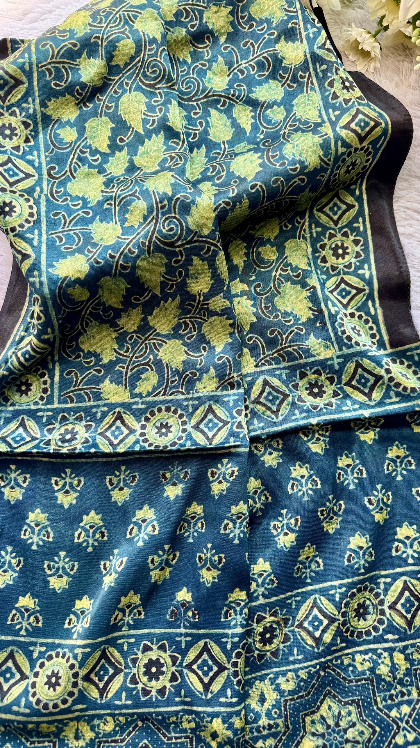 Blue Shade Yellow Leaf Motif Ajrakh Hand Block Print Mashru Silk Stole with Tassels