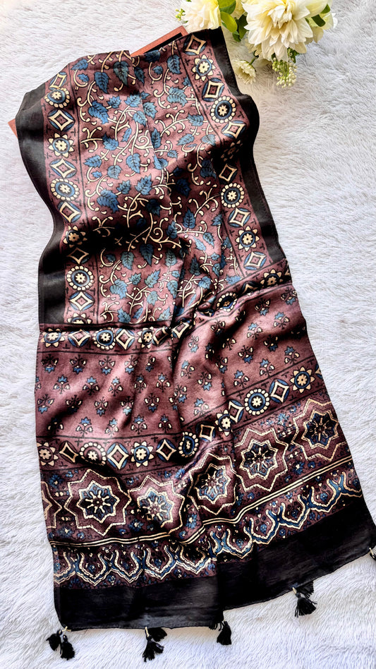 Raisin Shade Blue Leaf Motif Ajrakh Hand Block Print Mashru Silk Stole with Tassels