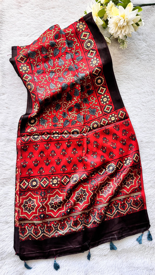 Red Shade Blue Leaf Motif Ajrakh Hand Block Print Mashru Silk Stole with Tassels