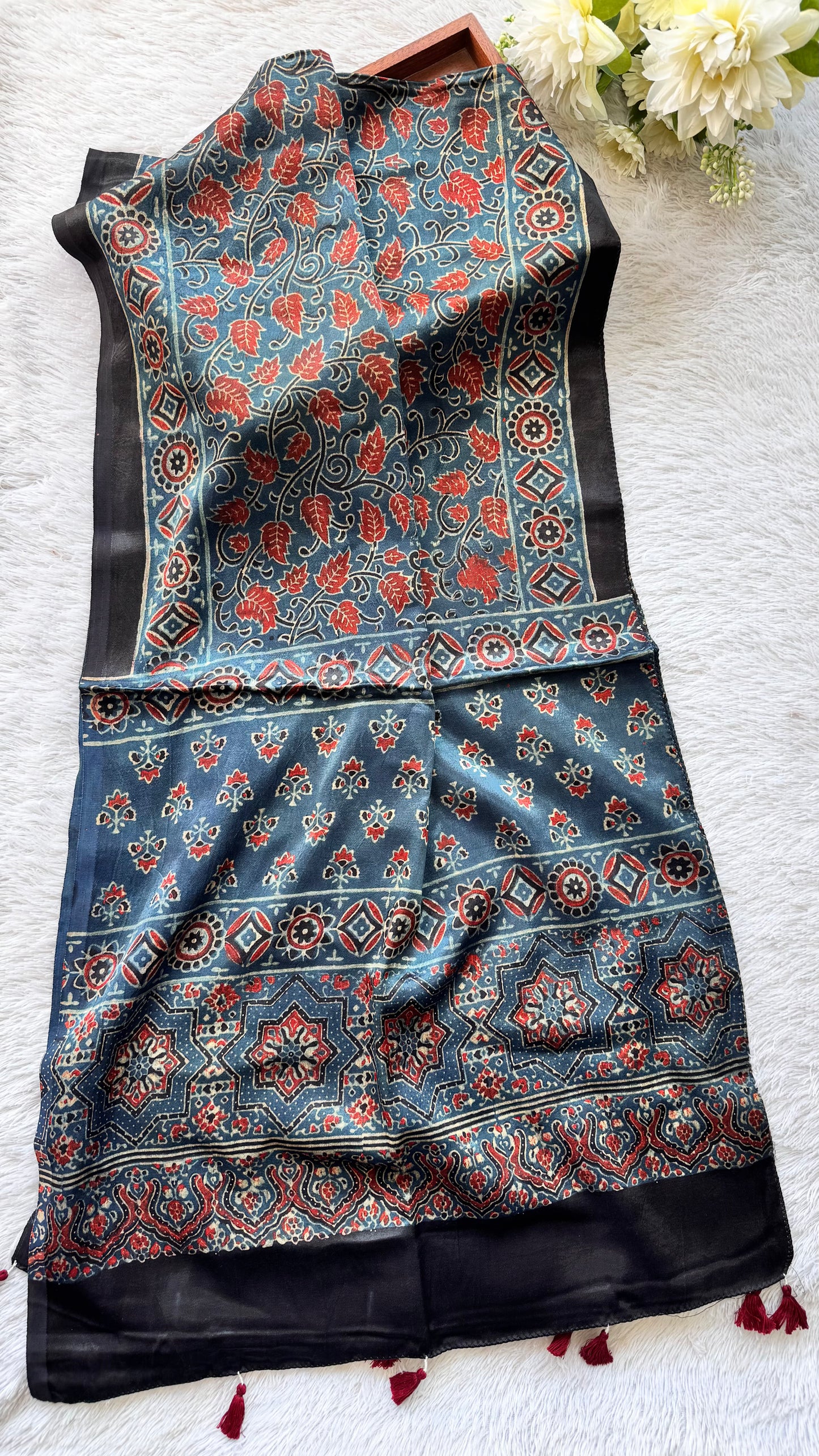 Blue Shade Red Leaf Motif Ajrakh Hand Block Print Mashru Silk Stole with Tassels