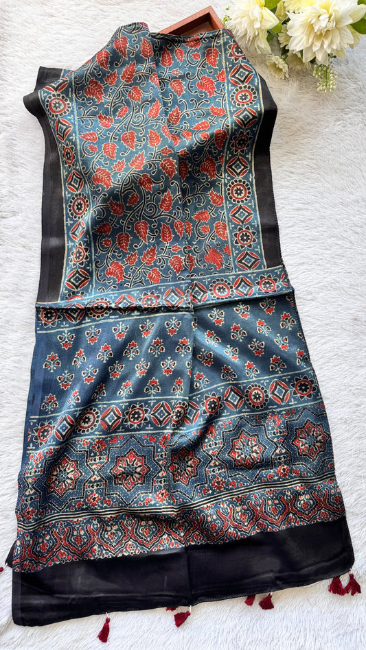 Blue Shade Red Leaf Motif Ajrakh Hand Block Print Mashru Silk Stole with Tassels