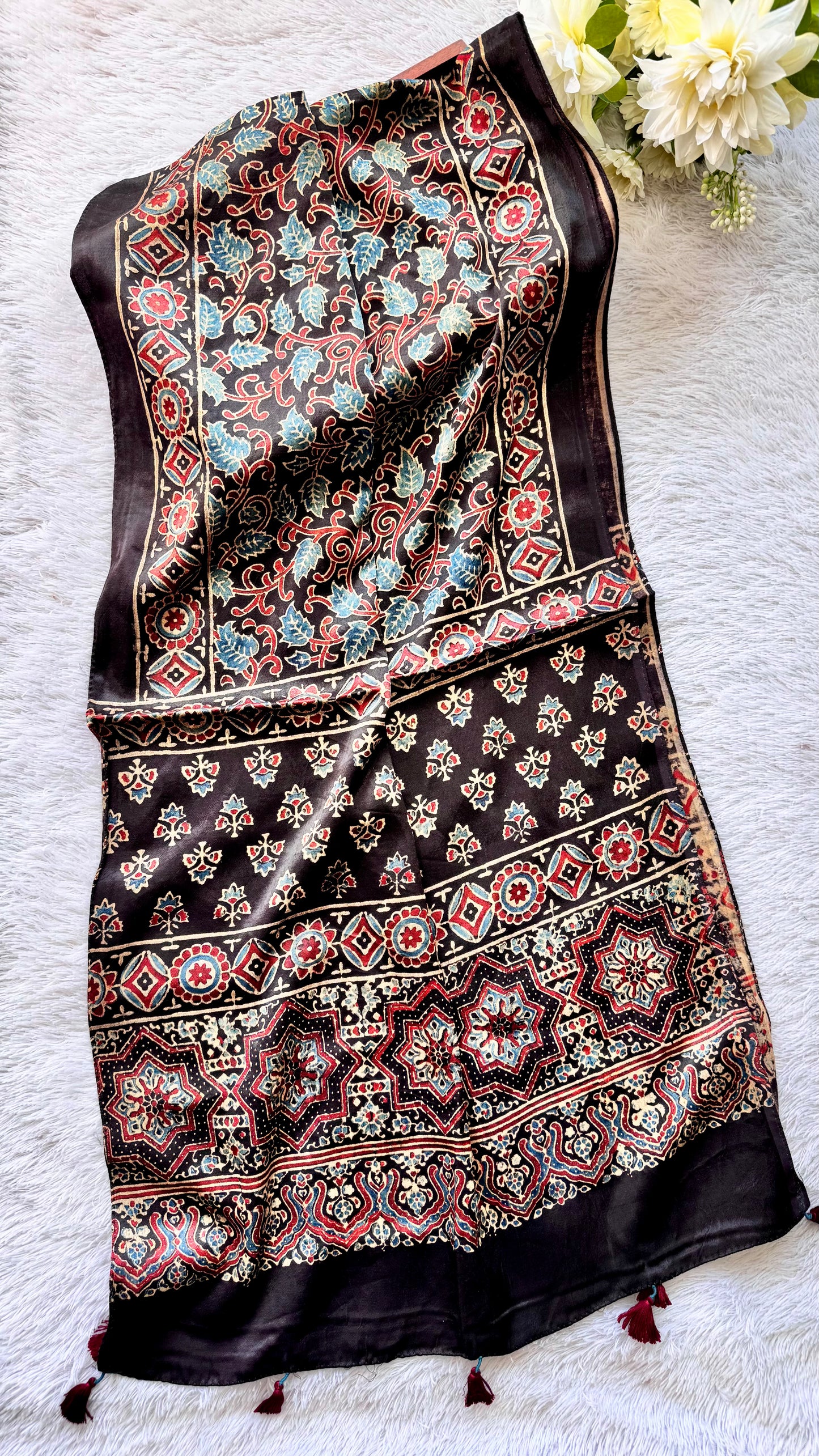 Black Shade Blue Leaf Motif Ajrakh Hand Block Print Mashru Silk Stole with Tassels