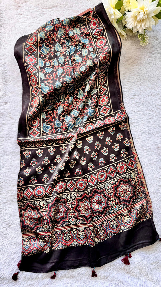 Black Shade Blue Leaf Motif Ajrakh Hand Block Print Mashru Silk Stole with Tassels