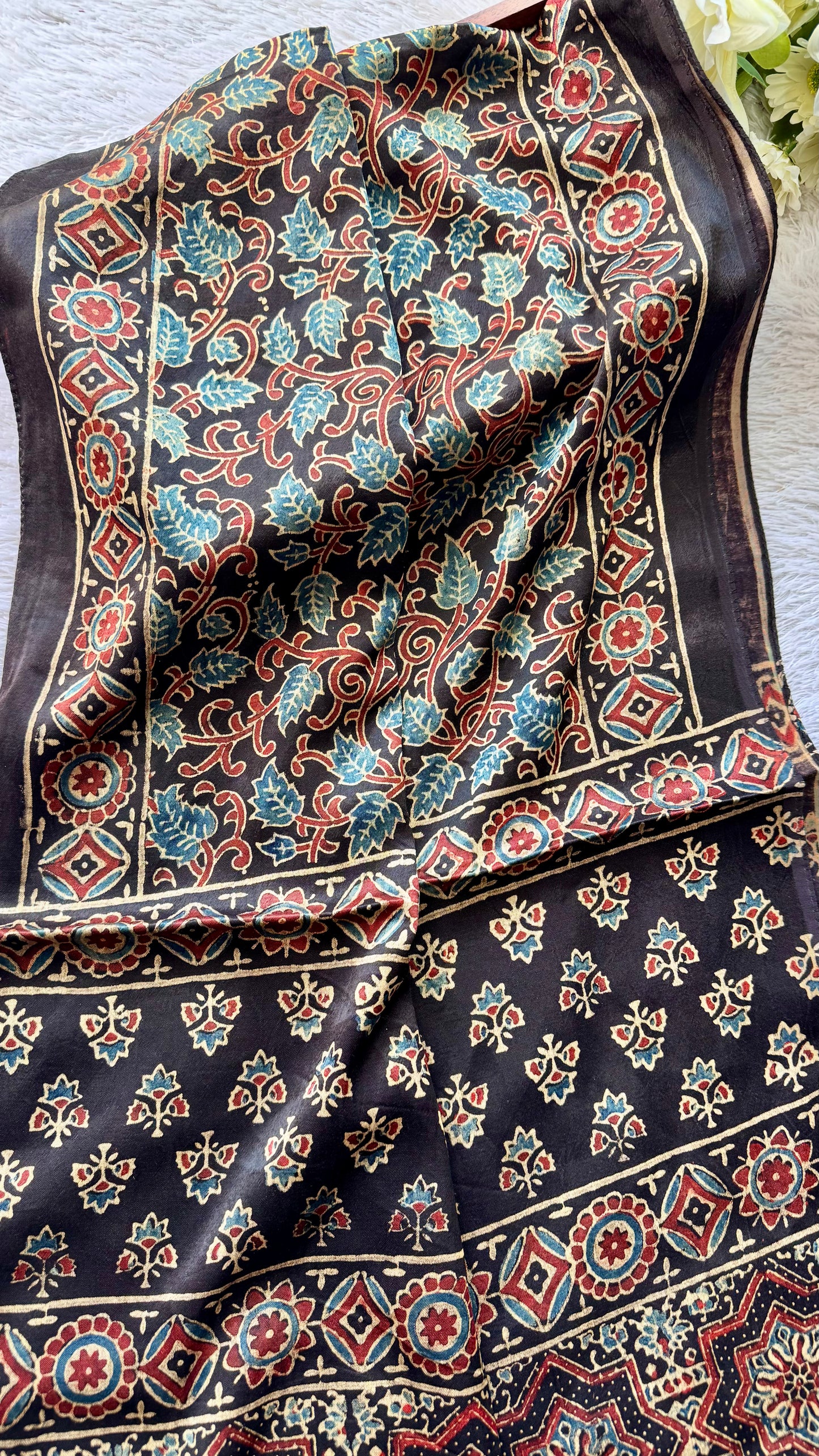 Black Shade Blue Leaf Motif Ajrakh Hand Block Print Mashru Silk Stole with Tassels