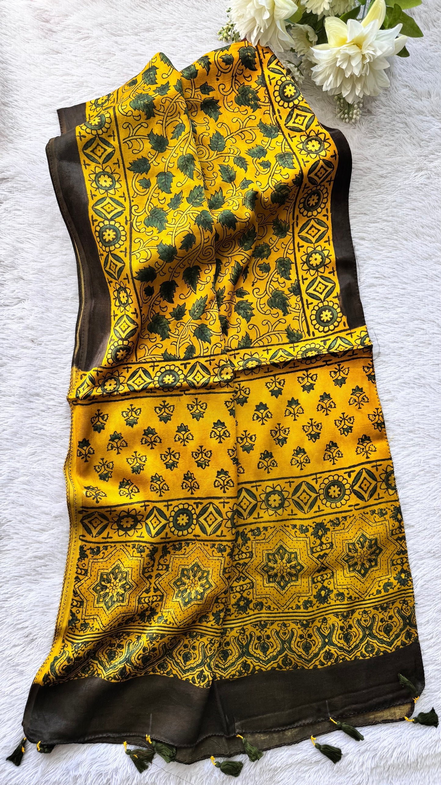 Yellow Shade Black Leaf Motif  Ajrakh Hand Block Print Mashru Silk Stole with Tassels