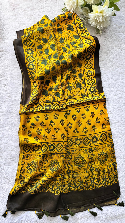 Yellow Shade Black Leaf Motif  Ajrakh Hand Block Print Mashru Silk Stole with Tassels