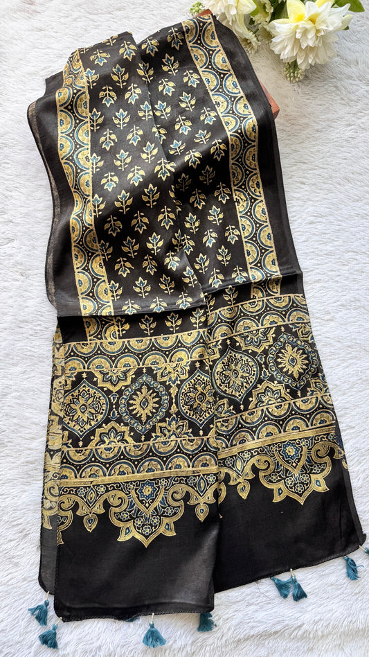 Black Shade Flower Motif Ajrakh Hand Block Print Mashru Silk Stole with Tassels
